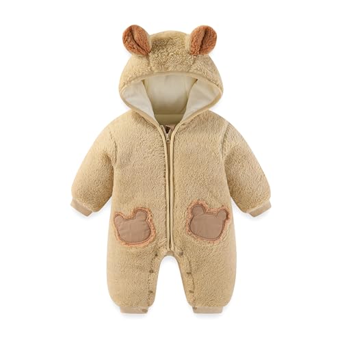 JiAmy Baby Fleece Snowsuit Winter Romper Hooded Warm Infant Newborn Jumpsuit Cute Bear Boys Girls Outfits 3-6 Months Brown