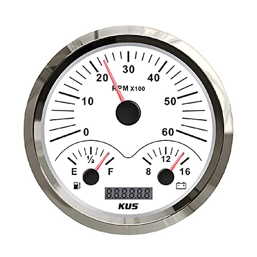 KUS Waterproof 3 in1 110mm Multifunctional Gauge Meter Tachometer Fuel Level Voltmeter 12V with Red/Yellow Backlight