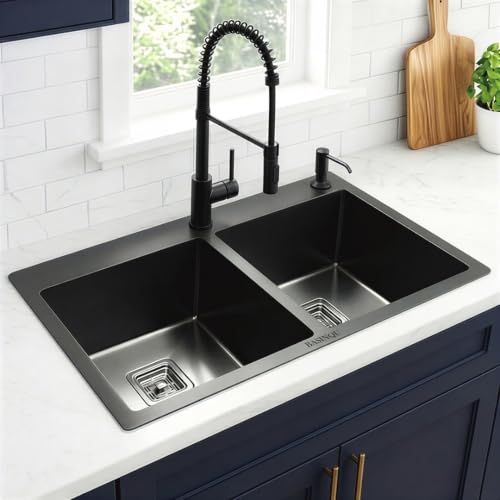 Image of Kitchen Sink 37x18x10 Inch Double Bowl Tap Hole Black 304 Stainless Steel Handmade Sink for Kitchen Basin Brushed Matte Finish Including Coupling Fruit Tray Hose Pipe Kitchen Sinks