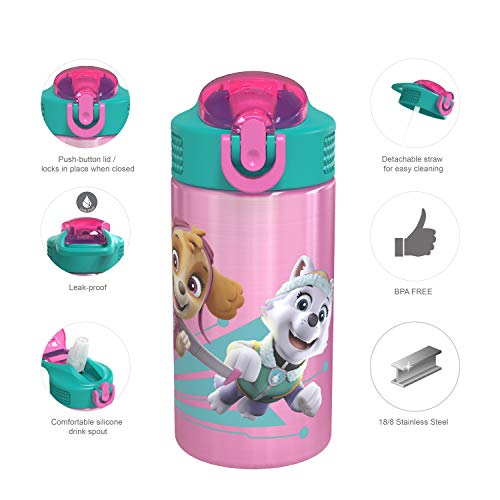 Image of Zak Designs 18 /8 Stainless Steel Kids Water Bottle with Flip-up Straw Locking Spout Cover, Durable Cup for Sports or Travel (15.5oz, Paw Patrol Skye),PWPT-S732