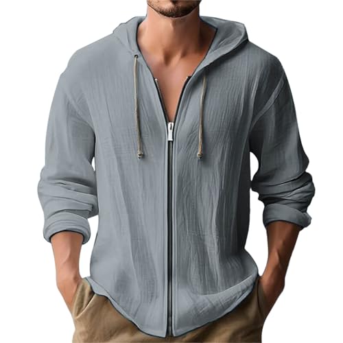 Cotton Linen Hoodie for Men Drawstring Hooded Zip Up Beach Hippie Shirt Lightweight Soft Long Sleeve Blouse Tops