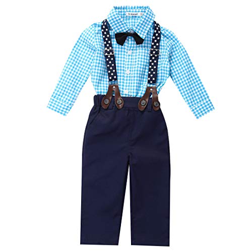 Baby Boys Gentleman Outfits Suits Long Sleeve Onesie Romper/Bow-tie Shirt+ Bib Pants Overall Clothes Set (Blue, 12-18 Months)