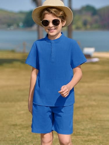 Image of Haloumoning Boys 2 Piece Cotton Set Kids Casual Henley Shirts Short Sleeve Beach Shorts Summer Outfits 5-14 Years