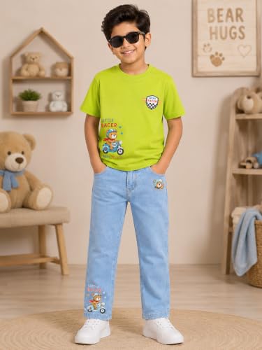 Image of KiddoPanti Boys Printed Co-Ords Set | 100% Cotton & Cottnon Spandex Woven | Drop Shoulder Tshirt with Jeans | Graphic Printed Design| Outerwear For Kids