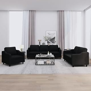 vidaXL Ensemble de Canapés avec Coussins 3 pcs, Canapés avec Accoudoirs et Dossier, Ensemble de Meubles, Mobilier de Salon, Moderne, Noir Tissu