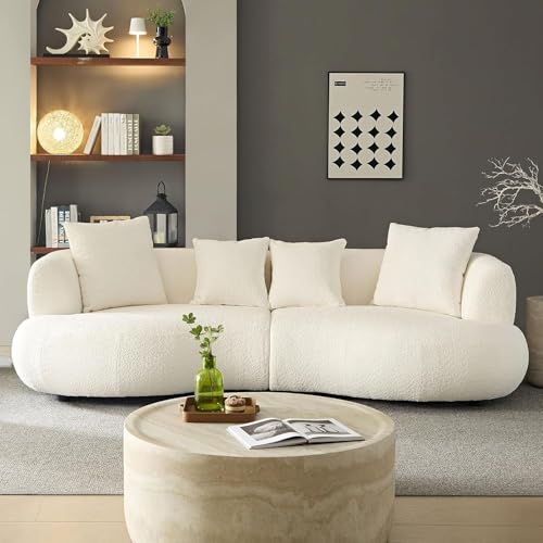 Image of Shie Wood Art Modern Curved Sectional Sofa, 4-Seater Sofa Couch, Living Room Furniture L Sofa for Living Room, Bedroom, Hallways (Off White, Boucle)