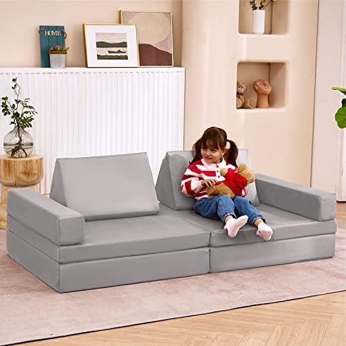 jela Kids Couch Extended Size 8PCS for Family, Floor Sofa Couch Modular Funiture for Kids Adults, Playhouse Play Set for Toddlers Babies, Modular Foam Play Couch Indoor 66" x 33" x 22" Lightgrey