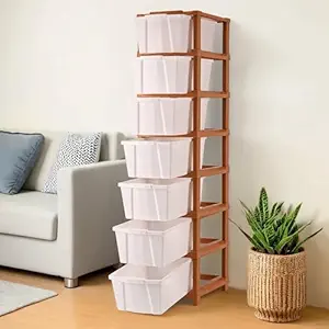 Kuber Industries 7-Layer & 57 Ltr Plastic Drawer Storage Organiser | Modular Kitchen & Toy Organizer For Kids Room | Light Grey & Brown