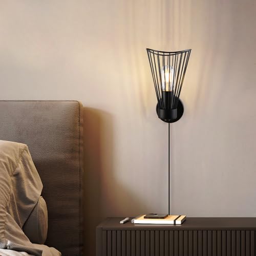 Image of Plug in Wall Sconce Indoor Large Modern Wall Sconces Farmhouse Wall Lamp with Plug in Cord Vintage Black Wall Lights with On /Off Switch Wall Light Fixture for Living Room Bedroom Rustic