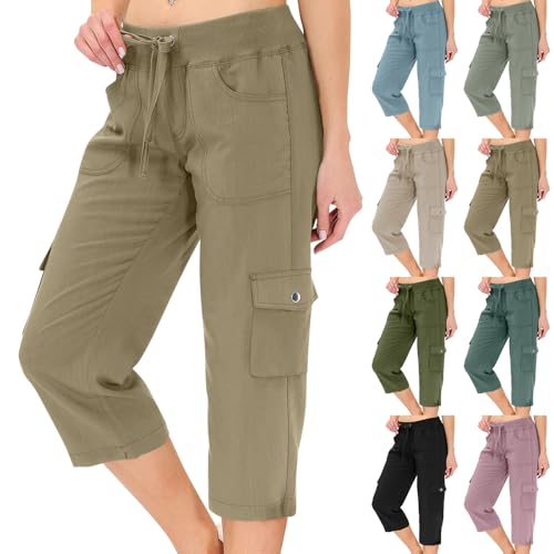 Cargo Capris for Women Summer Elastic Waist Casual Hiking Pants Travel Baggy Drawstring Gaucho Capri Pants with Pockets Sweat Cute Carpenter Tall Bermuda Y2k Streetwear Tactical Work Sweatpants