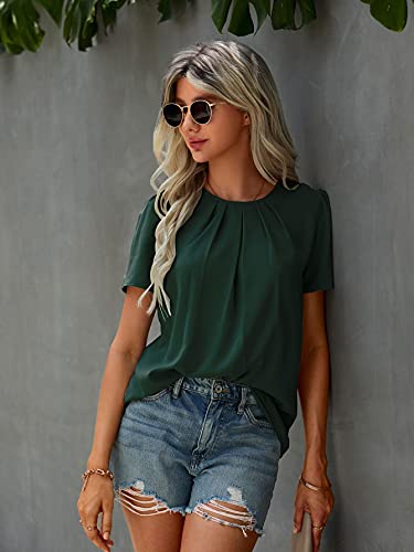 Shein Women's Casual Round Neck Basic Pleated Top Puff Sleeve Keyhole Back Blouse Deep Green Small #TOP3