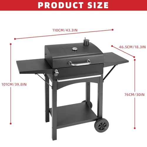 Holzkohlegrill Groß mit Deckel und Gusseisen Grillrost – Edelstahl Grillwagen für Outdoor Garten, Camping BBQ & Smoker