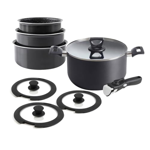 QDESIGN - Batería de cocina de 9 piezas, cacerolas + olla + tapas + mango extraíble | Aluminio antiadherente para todo tipo de fuegos, incluida inducción, apto para lavavajillas y nevera, color negro