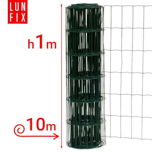 Maschendrahtzaun - verzinkter Stahl Grün PVC-beschichtet, 100 x 50 mm, Ø 2.2 mm, 100 cm x 10 m, Gartenzaun Hundezaun Wildzaun Hühnerzaun Drahtgitter Zaun Schweißgitter, Lun Fix