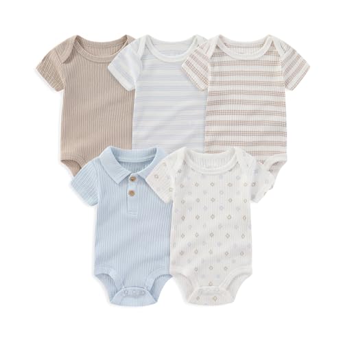 Image of MAMIMAKA Newborn Baby Short Sleeve Bodysuits Cotton One-Piece Baby Boy Girl Clothes 5-Pack