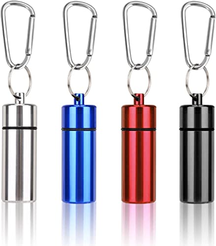 ポータブルピルケース (2.6インチx0.7インチ) Dリングカラビナ付き 防水アルミニウムピルボックスケース 小型ピルコンテナ キーチェーン 耳栓携帯ケース アウトドア旅行キャンプ用