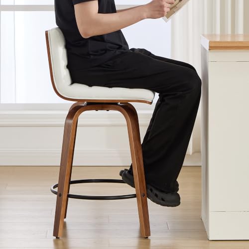 Image of Swivel Bar Stools Set of 1,26 inch Faux Leather Counter Height Barstools with Back,Mid Century Modern Upholstered Bar Chairs with Bentwood Legs Island Stools for Kitchen Counter White