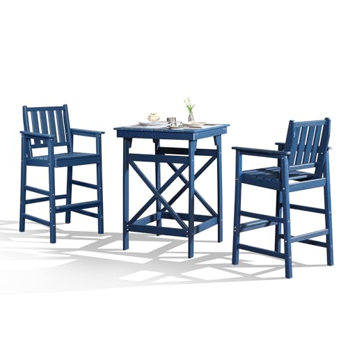 SEEHILL 3-Piece Adirondack Chairs and Table Set, HDPE Outdoor Bar Sets, All Weather Outdoor Bar Stools Set, HDPE Adirondack Bar Height Chairs and Bar Table for Balcony, Bistro, Poolside, Navy