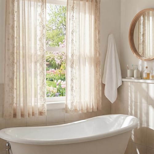 Image of jinchan Floral Linen Curtains, Back Tab 50x63 Inch, 2 Panels Beige