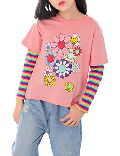 Kiench Girls' Long Sleeve T Shirts Cotton Tees 2-in-1 Look Crewneck Tops Floral