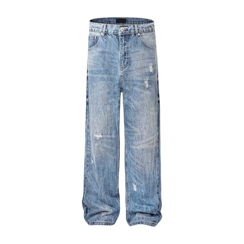 Jeans Pants Trousers Denim Retro Trendy Street Piercing Tear Holes Wash Blue Straight Commuter for Men