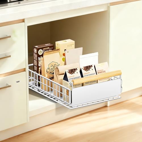 Tiroir armoire coulissante en métal organiseur avec poignée étagère, Tiroir extensible pour cuisine, sans perçage, jusqu'à 25 kg, organisateur de tiroir pour armoires profondes, 39,5 x 23,5 x 11cm
