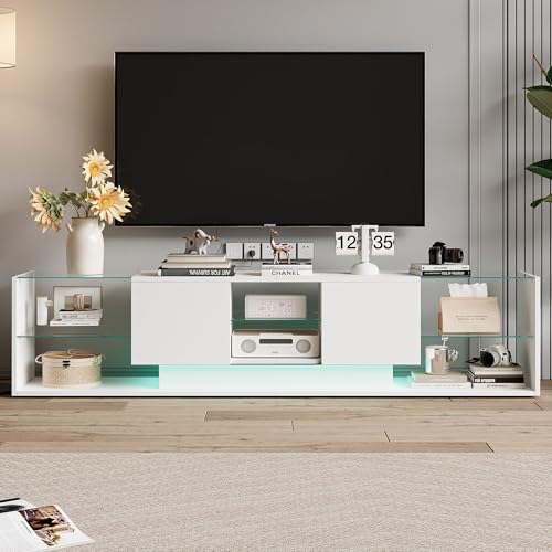 BestAlice Mueble de TV con LED ajustable,Mueble bajo para televisores de hasta 70 pulgadas, mesa de televisión con 2 cajones y estantes de cristal,Adecuado para la sala de estar y el dormitorio