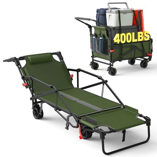 LEVELEVE Heavy Duty Folding Wagon - 2-in-1 Collapsible Cart, 400lb Capacity, All-Terrain Wheels w/Brakes & Side Pockets (Army Green)