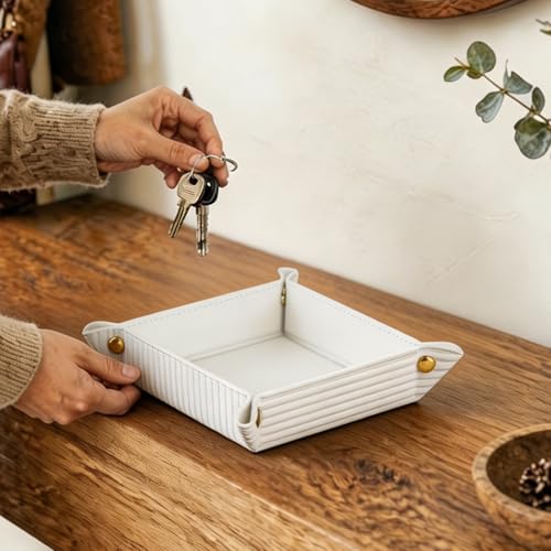 Image of YAPISHI Light Luxury Valet Tray for Men, PU Leather Vanity Jewelry Tray & Decorative Perfume Catchall, Folding Travel EDC Dump Tray, Nightstand Organizer Caddy for Keys, Watches, Coin Bowl Dish