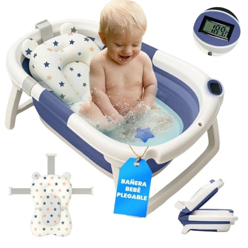 BAÑERA PLEGABLE BEBÉ 5 EN 1 Termómetro + Cojín Protector + Patas Antideslizantes + Tapón de Seguridad | Bebé Recién Nacido | Diseño Plegable en 2 | Fácil de Guardar y Transportar (Azul)