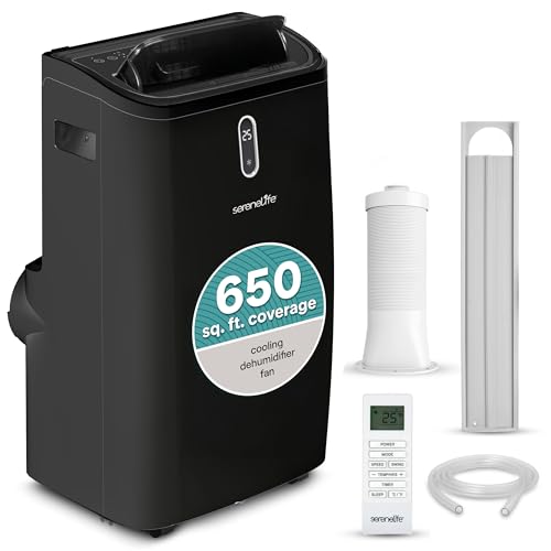 SereneLife 14,000 BTU Portable Air Conditioner - Compact Room Air Conditioner with Dehumidifier & Fan, Mini AC Unit for Rooms Up to 650 Sq. Ft., Window Kit Included, Rolling Wheels, Black by SereneLife - Used condition - US$296.06