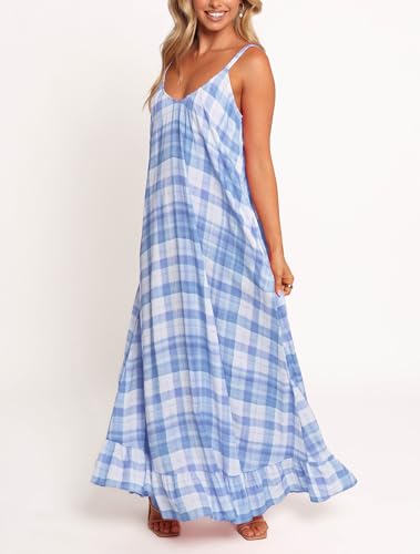 Image of LASPIA Spaghetti Strap Dresses for Women Plaid V Neck Maxi Sundress Beach Long Dress with Pockets