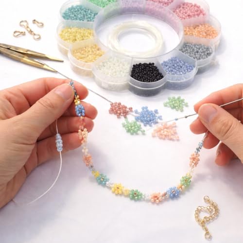 Image of Beadsnfashion 12 Assorted Color Opaque Luster Glass Seed Beads Kit for Girls and Kids (Size 11 /0, 2mm) with 12 Mtrs Nylon Thread for Jewellery Making, Beading, Embroidery, Art & Craft Projects