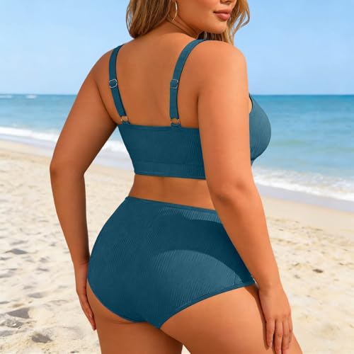 Soupliebe Bikini Oberteil Damen Crossback Große Größen Sexy Bademode Dekorativen Metall V- Ausschnitt Sets Triangel Top Überkreuzten Rückenträgern Strukturierte Sport Set String Blau 4XL-3