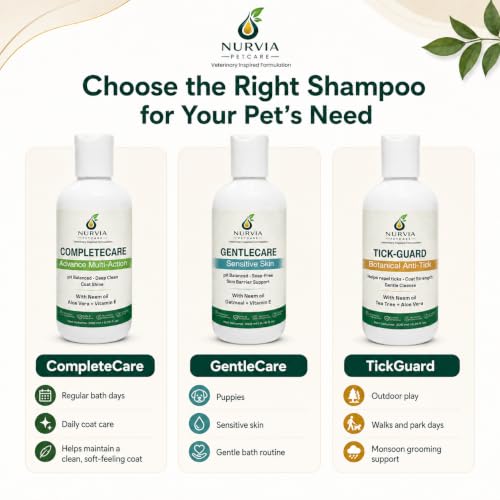 Image of Dog Shampoo Combo 3 Pack by Nurvia Petcare | Anti-Tick Flea + 5-in-1 Anti-Itch Dandruff + Puppy Shampoo | Neem Tea Tree Oatmeal Calendula | pH Balanced Sulphate-Free | 3 x 200ml India