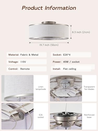 Image of 20 inch Silver Caged Ceiling Fans with Lights, Boho Flush Mount Ceiling Fan with Light and Remote, Bladeless with 6 Speeds for Bedroom, Nursery, Living Room