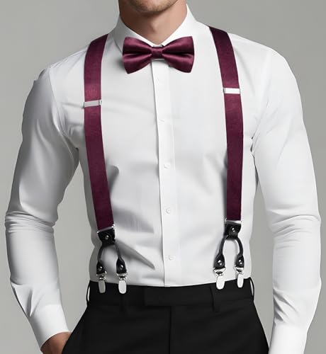 Image of Dubulle Suspender and Bow Tie for Men Paisley Solid Mens Suit Braces Pretied Bowtie and Handkerchief Cufflinks Formal Wedding