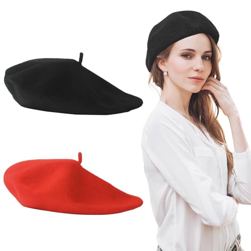 AWAVM - AWAVM Béret chapeau, 2 pièces mélange français pour homme et femme, français vintage, hiver automne, dames, couleur unie classique, casquette élégante, douce et extensible, taille unique noir, Noir