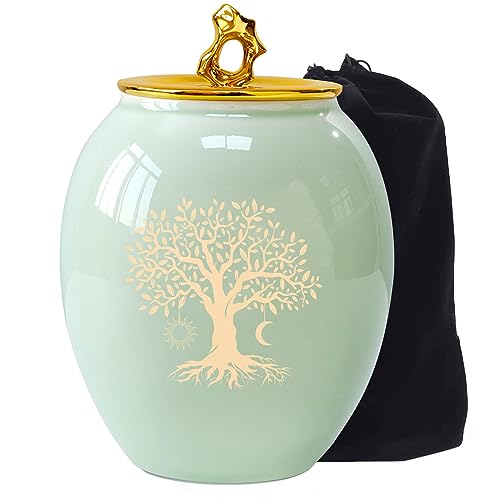 LINES ARTE Medium Urns for Human Ashes, 6.7x5.2Inch Ceramic Green Tree of Life Medium Size Decorative Cremation Urns for Ashes Adult Female/Male