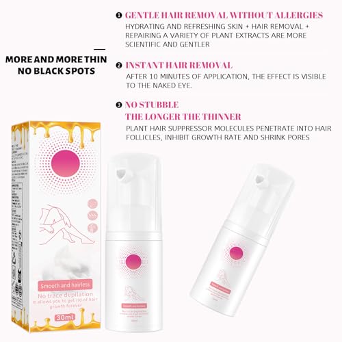 2 Unidades Spray Depilatorio con Mousse de Cera de Abeja, Body Hair Removal Cream, Calmante, Depilación Suave para Axilas, Brazos, Piernas, Hidratación Suave y Nutritiva, piel Suave, Todo Tipo de piel - imagen 6