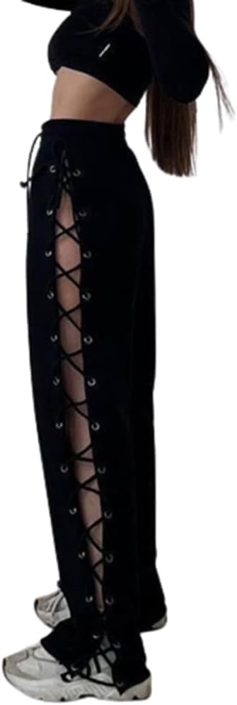 Sexy Hollow Out Lace Up Bandage Sweatpants High Waist Split Wide Leg Baggy Drawstring Y2K Pants Streetwear