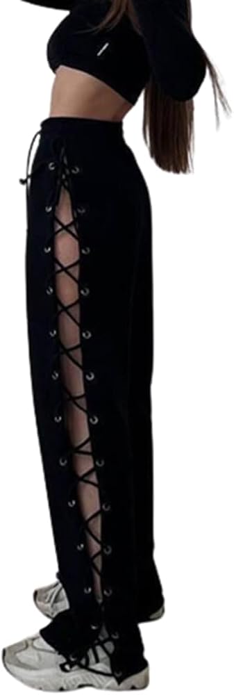 Amazon.com: Sexy Hollow Out Lace Up Bandage Sweatpants High Waist