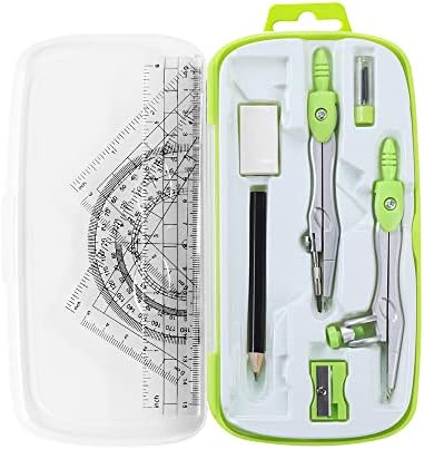Unjoo Math Geometry Kit Sets 10 Piece Student Supplies with Shatterproof Storage Box,Includes Rulers,Protractor,Compass,Eraser,Pencil Sharpener,Lead Refills,Pencil,for Drafting and Drawings（Green）