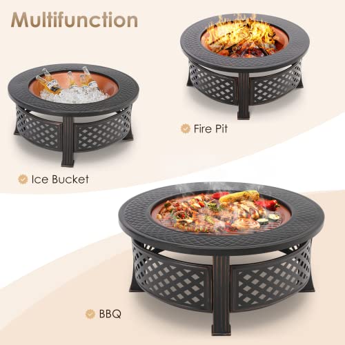 TLSUNNY 3 in 1 Outdoor Fire Pit BBQ Fire Pit Garden Fireplace 80 x 80 x 54 cm Winter Heater with 304 Stainless Steel Grill, Spark Guard, Fire Fork