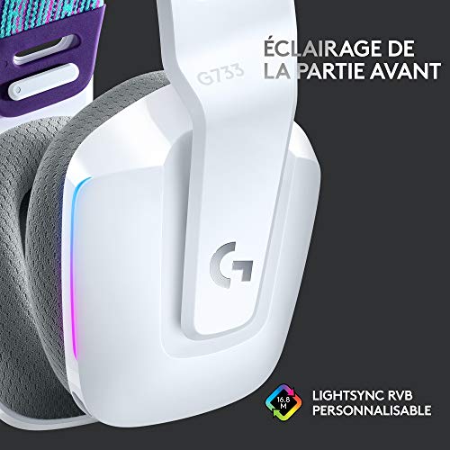 Logitech G733 Casque Gamer Sans Fil LIGHTSPEED avec Bandeau de Suspension, LIGHTSYNC RVB, de Micro Blue VO!CE, Transducteurs Audio PRO-G, Ultra-Léger, Batterie 29h, Portée de 20m, PS4, PS5 - Blanc