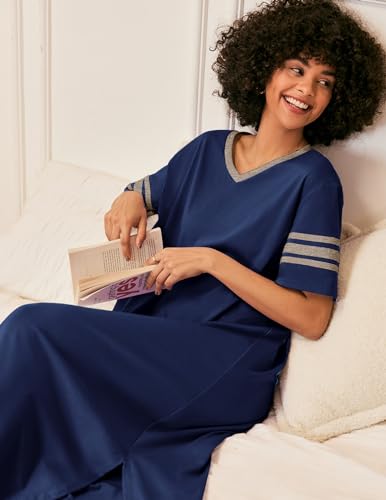 Image of Ekouaer Long Nightgown, Womens V Neck Loungewear Oversized Sleepwear Loose Sleep Dress S-4XL