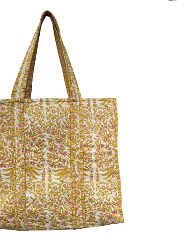 Image of Quilted Cotton Hand printed Reversible Large multicolor cotton Tote Bag,Indian Handmade Block Printed Tote Bag Women Handbag