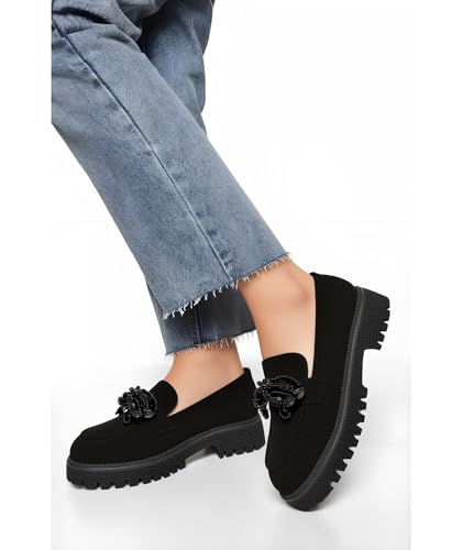 Image of Women's Loafers Chunky Platform Slip On Bow-Knot Beaded Suede Loafers Lug Sole Casual Shoes for Women Dressy