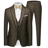 MAGE MALE Men's 3 Pieces Suit Elegant Solid One Button Slim Fit Single Breasted Party Blazer Vest Pants Set Brown