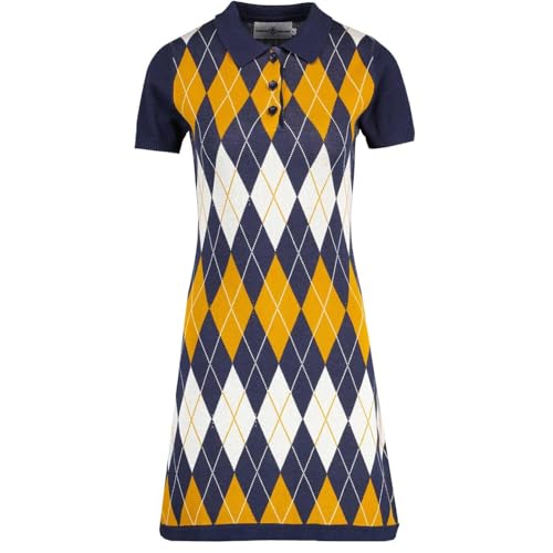 Madcap England Women's Retro 60s 70s 80s Mod Vintage Style Argyle Diamond Knitted Short Sleeve Polo Dress (UK, Numeric, 14, Regular, Regular, Navy)